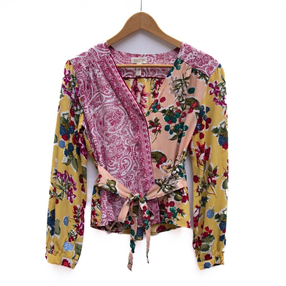 Meadow Rue by Anthropologie Wrap Top Size 2 Patchwork Style Colorful Bohemian